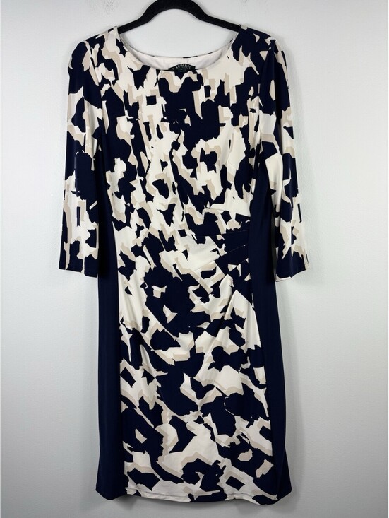 Ralph Lauren Dresses & Skirts - Lauren Ralph Lauren Sheath Dress Sz 14 Navy White Abstract Print 3/4 Sleeves